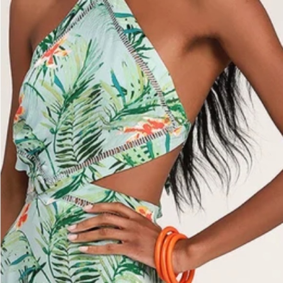 Lulus St Tropez Mint Blue Leaf Print Halter Dress Size L - Picture 5 of 16